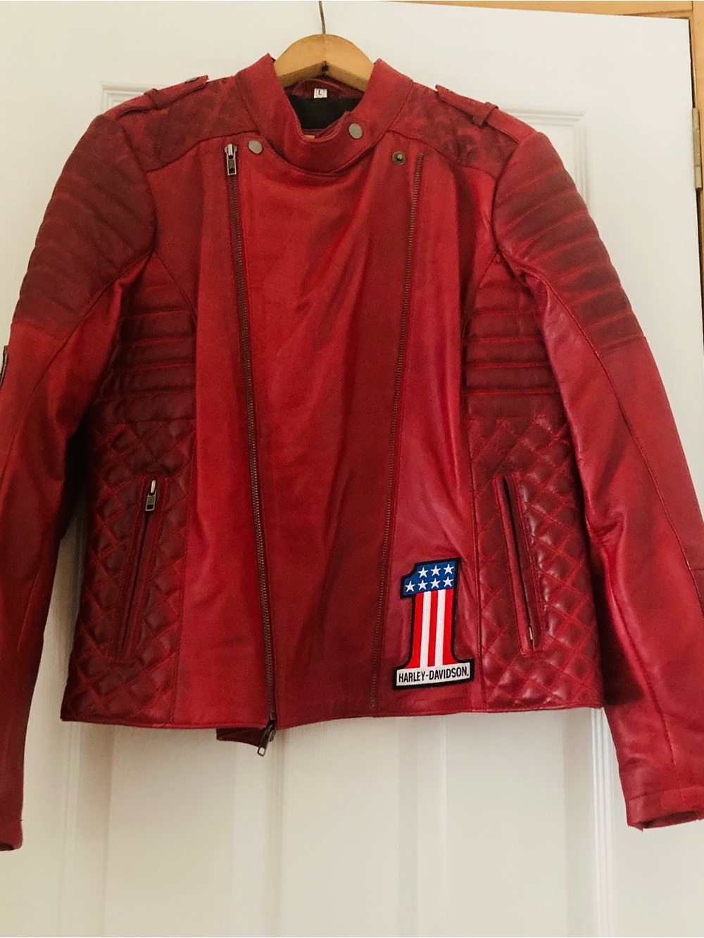 REAL Leather Red Quilted Leather Motorcycle Jacket with 3 Harley Davidson patche